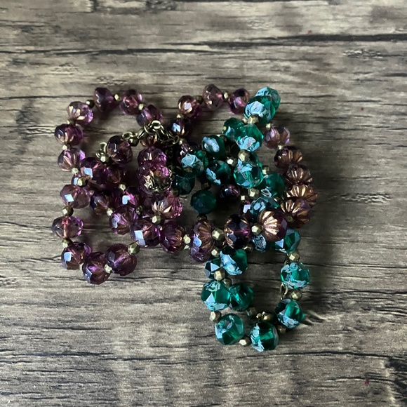 Purple and Green Faceted Czech Glass Beaded Layered Necklace Brass Accents - Picture 3 of 12